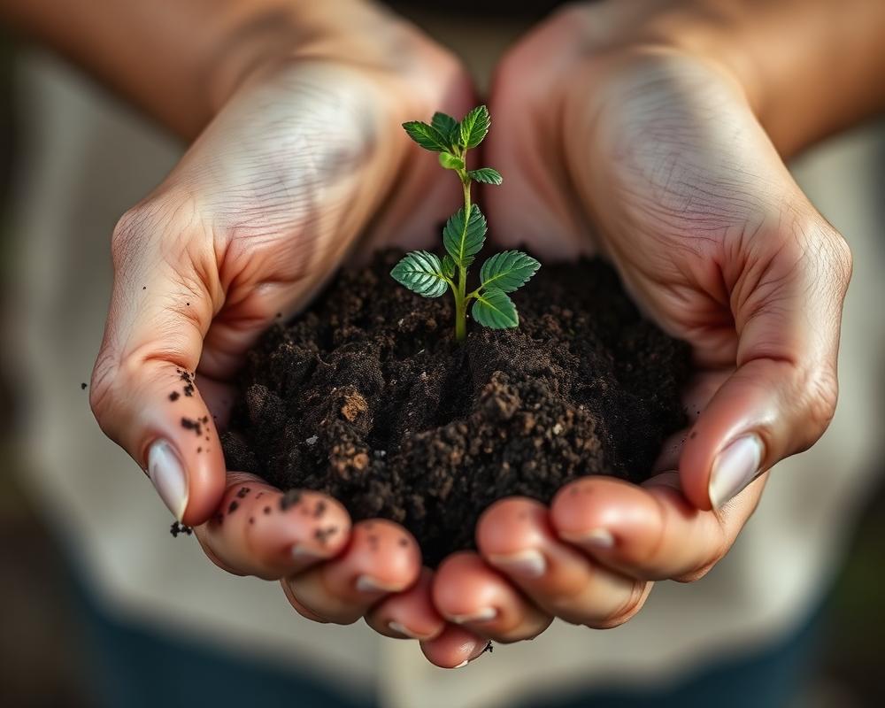 Manos sosteniendo tierra y una pequeña planta