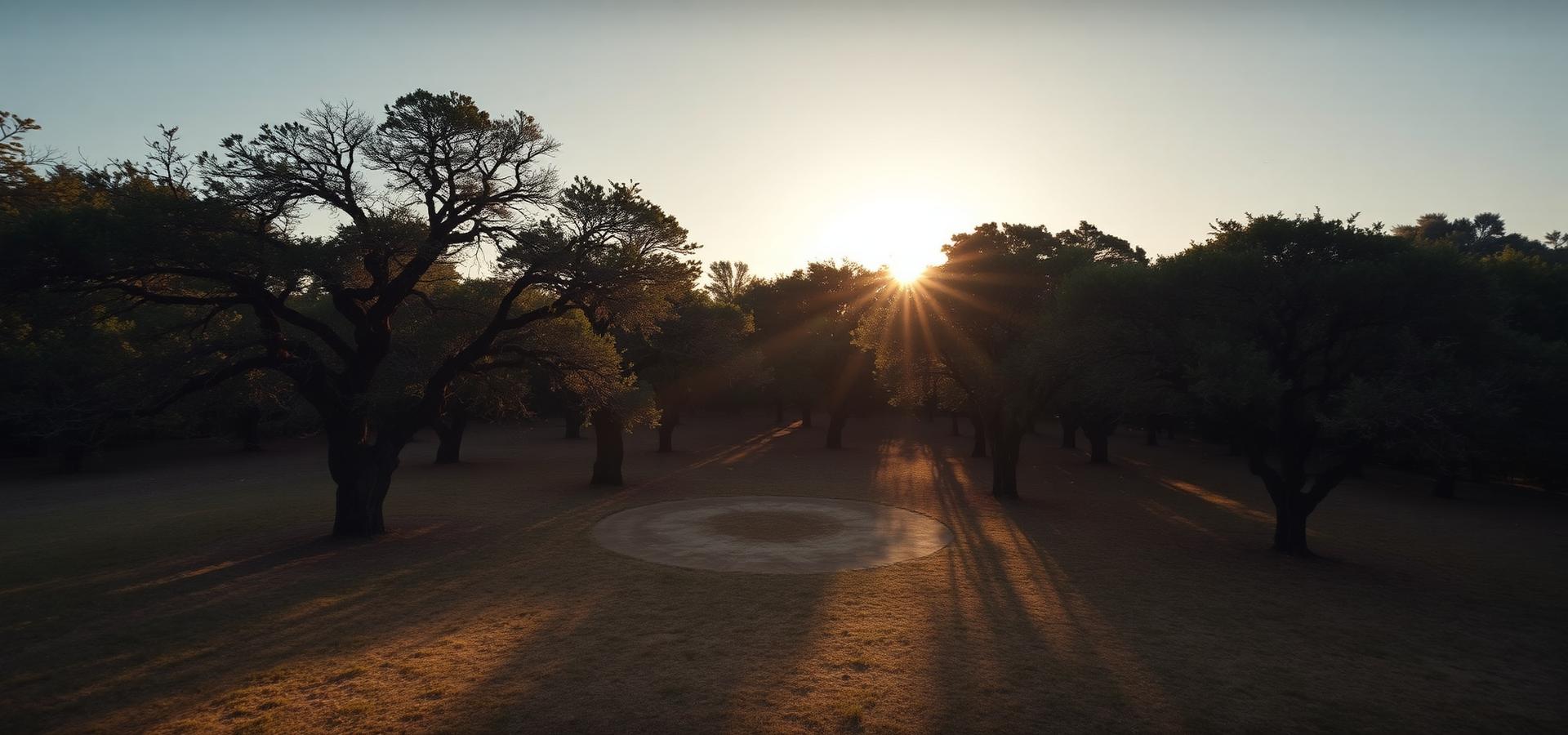 Espacio de encuentro entre árboles al atardecer