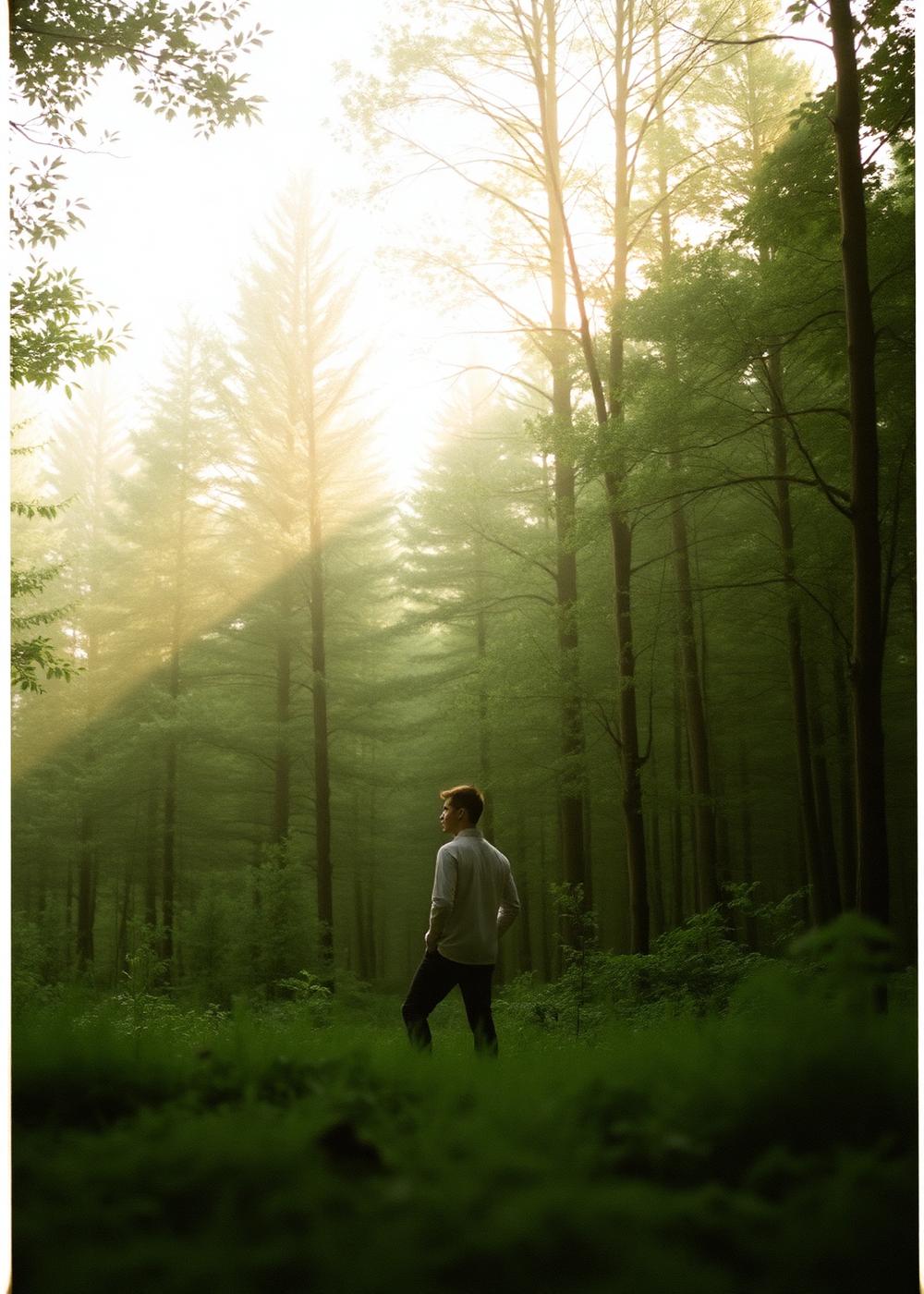 Persona de pie en el bosque bajo la luz de la mañana