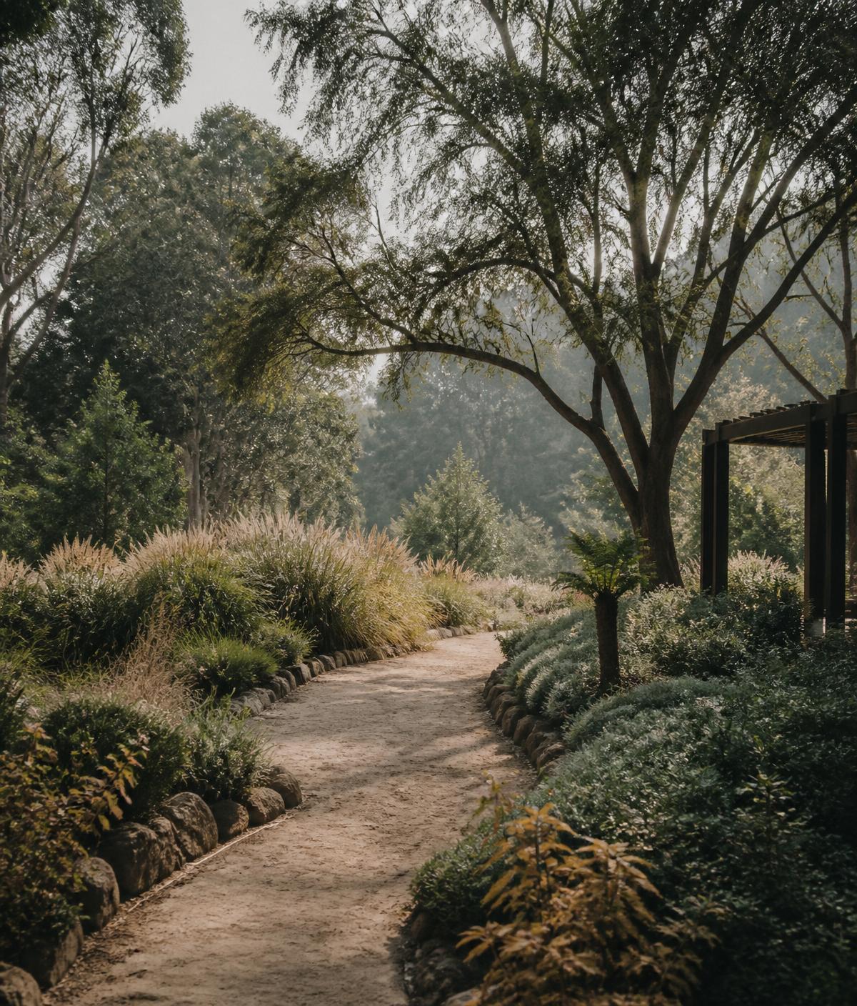 Sendero entre jardines y árboles en Yerbabuena, Chía